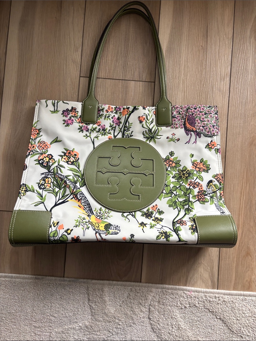 Tory Burch Olive Green Floral Logo Canvas Tote